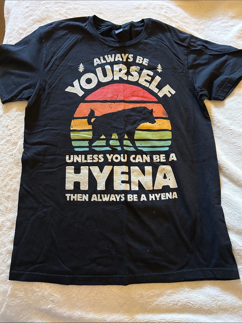Gildan Black Short-Sleeve Tee with Retro Rainbow Sunset Hyena Graphic